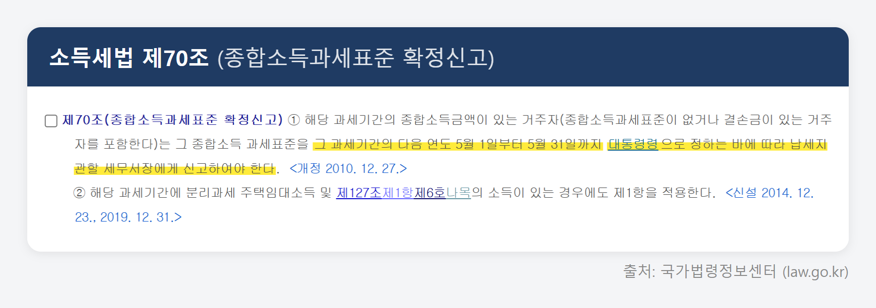 소득세법 제70조 원문 (국가법령정보센터)